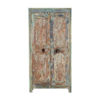 White background image of a hand-carved reclaimed wood wardrobe with vintage sunburst design – a sustainable furniture piece perfect for Indian home decor and rustic interiors.
