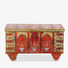 White background image of a unique Indian furniture box hand-painted on solid recycled teak – vibrant painted teak furniture ideal for living rooms or eclectic interiors.