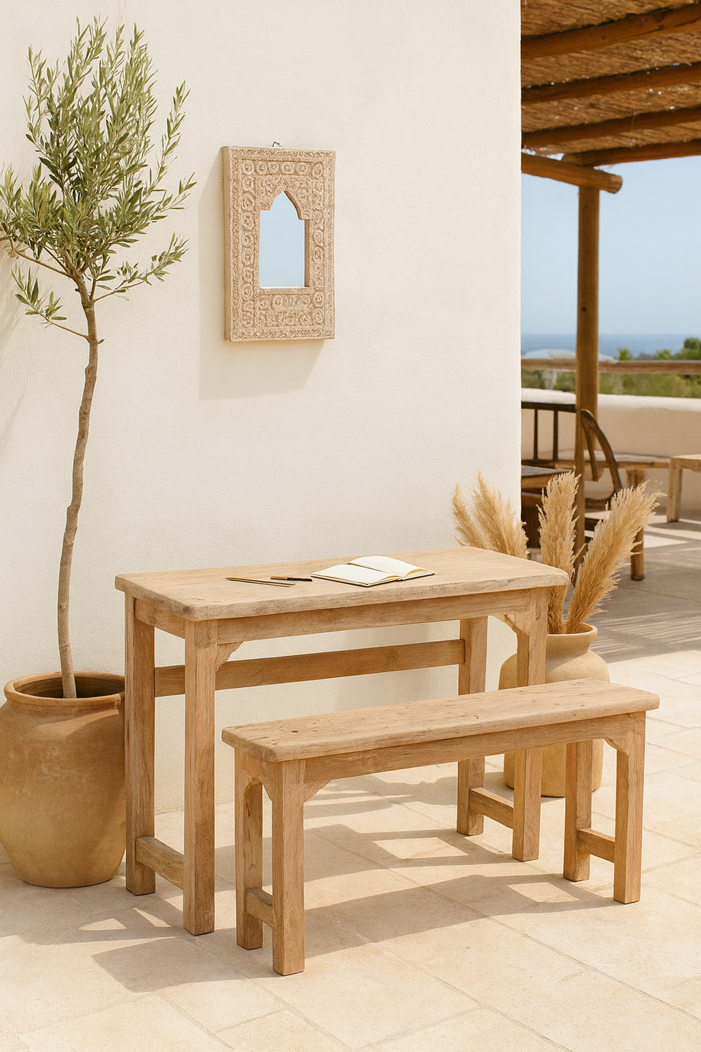 Lifestyle imagination of a teak wood bench set made from refurbished wood with hand-carved detailing and rustic finish, 120 × 30 × 65 cm.