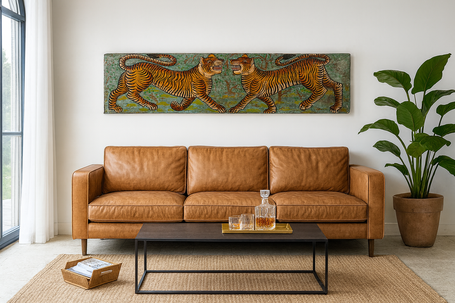 Kifestyle image of a Virat hand painted wall panel featuring a vibrant tiger motif on reclaimed antique teak wood—an artisan-crafted tiger wall decoration blending history and bold artistry.