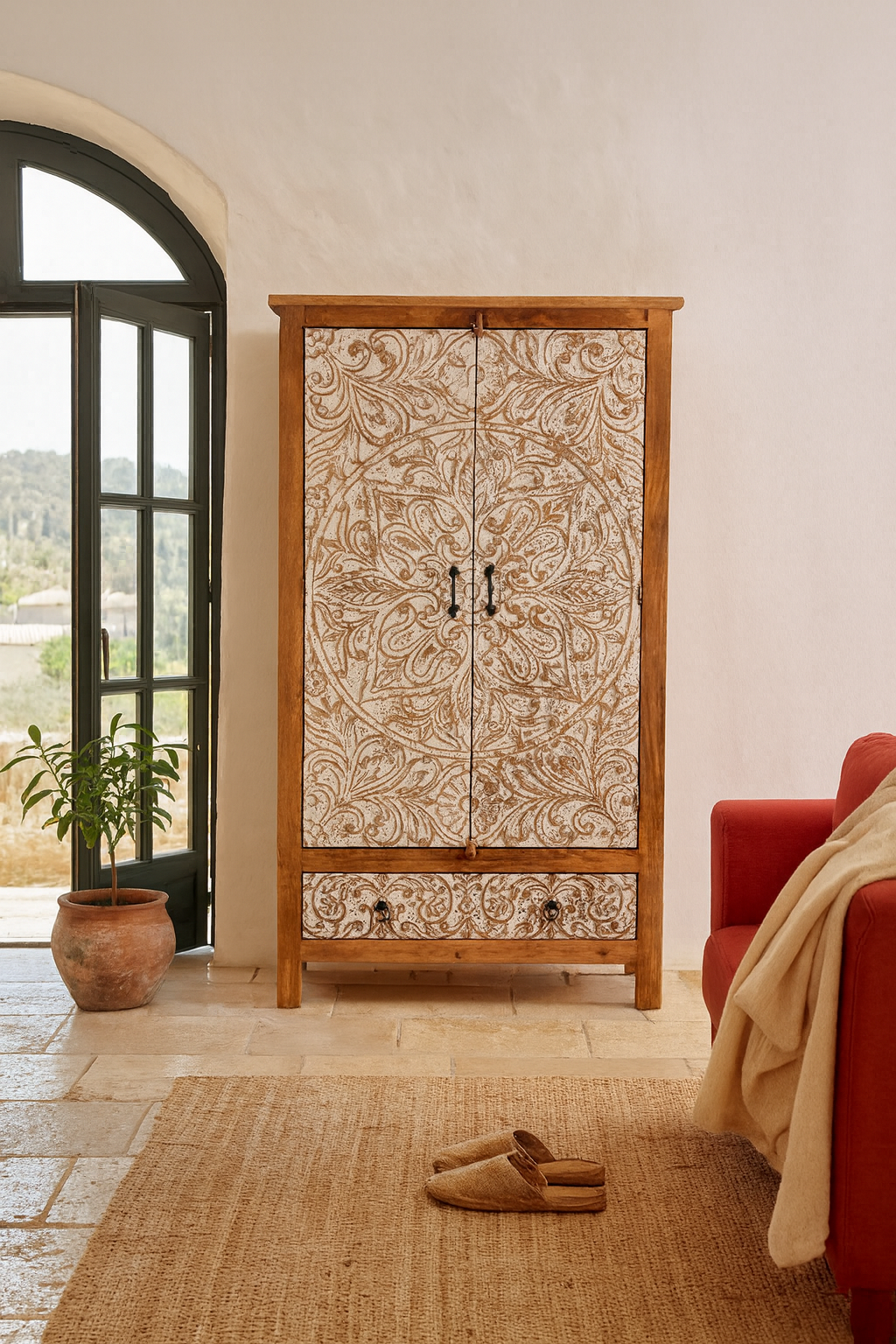 Life style image of a hand-carved mango wood wardrobe with whitewashed floral motifs – Zashil by Om Home & Garden, a Mediterranean-inspired piece of carved wooden furniture.