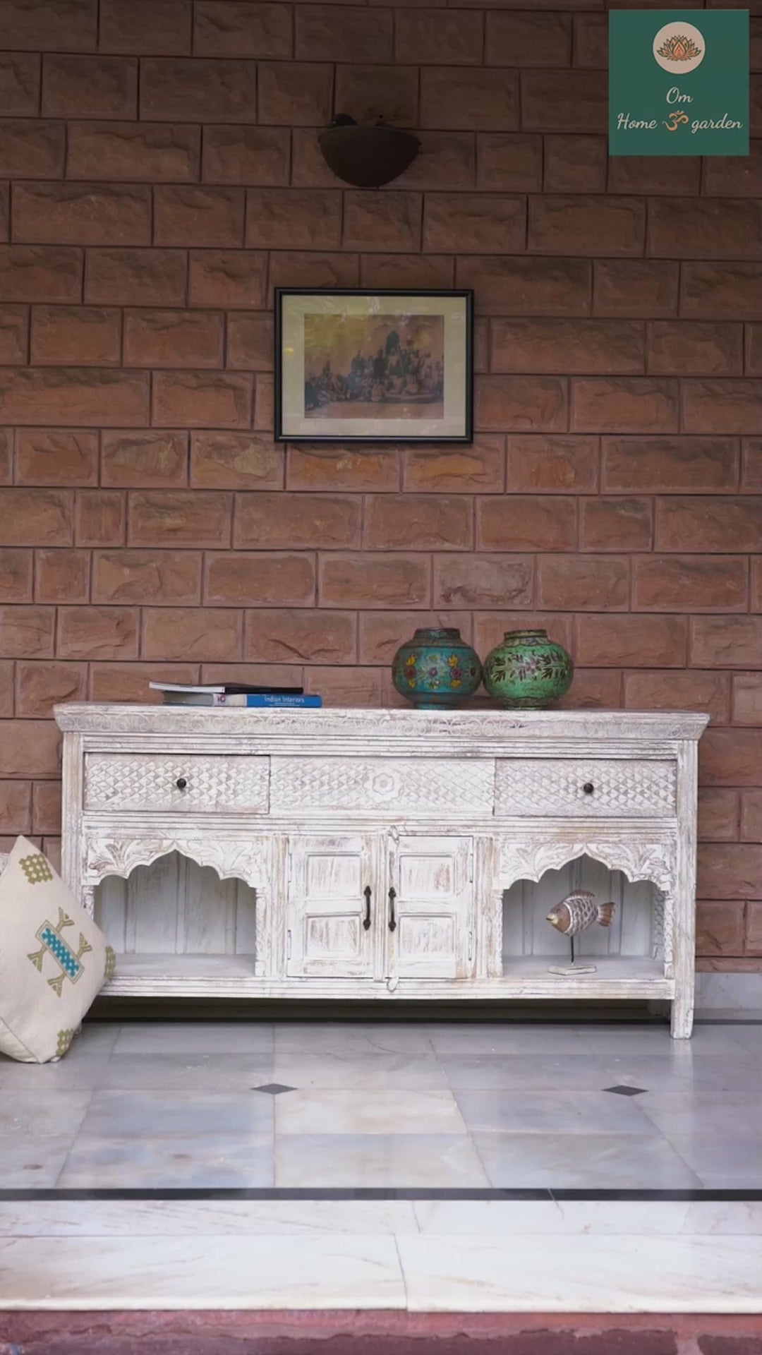 Life style video of a hand-carved console table in mango wood with whitewashed finish, perfect for a bohemian interior.
