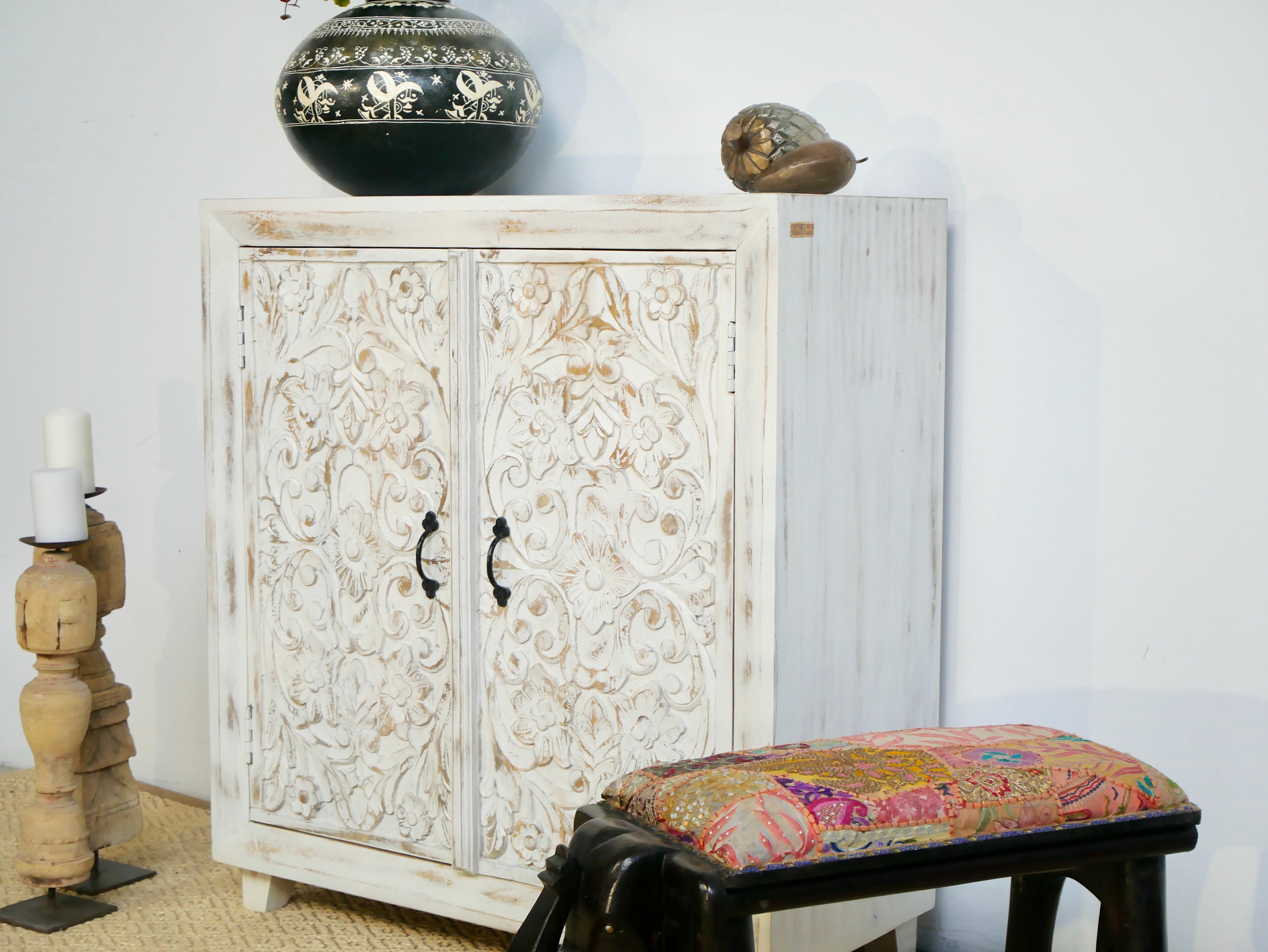 Bhilai, white indian wooden cabinet