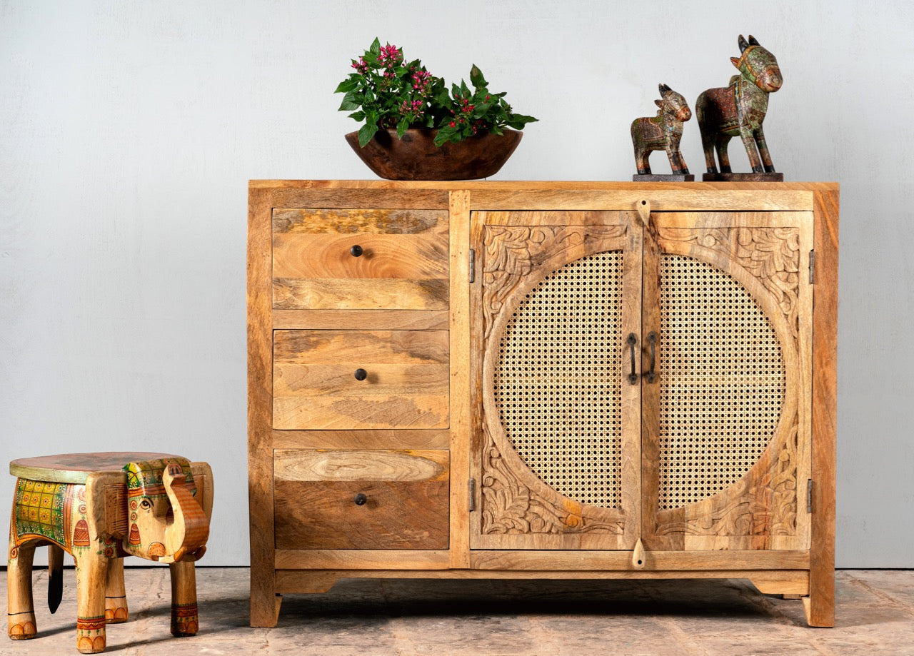 Narmada, brown sideboard with rattan inserts