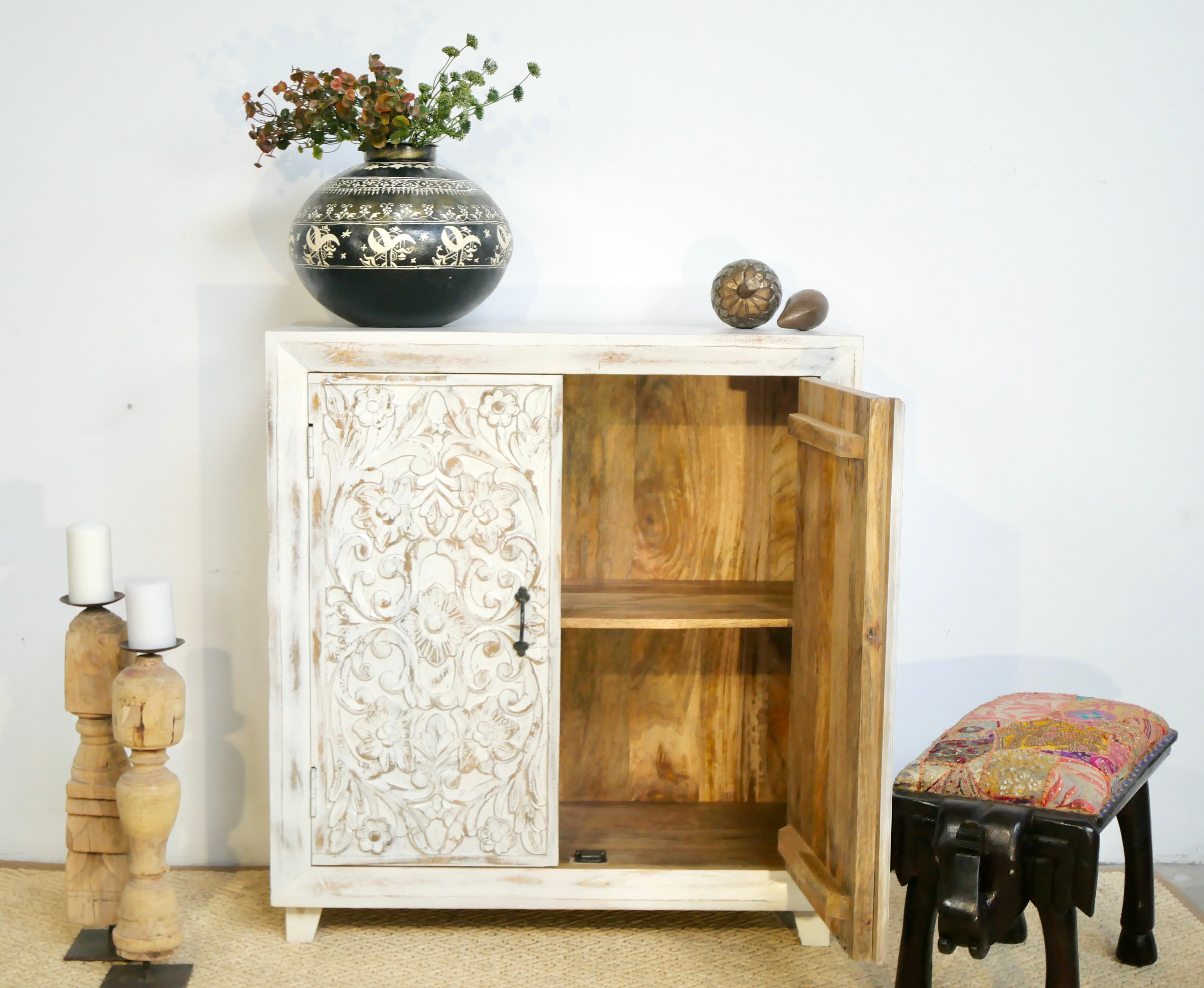 Bhilai, white indian wooden cabinet
