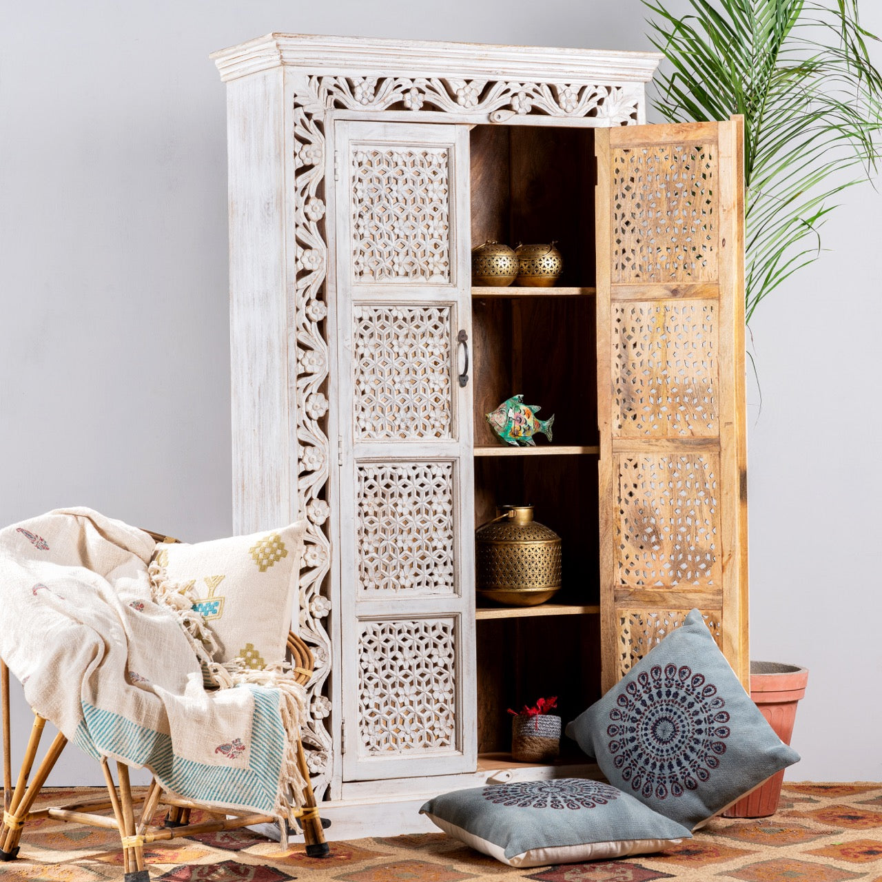 Yuvraj, white wooden cupboard