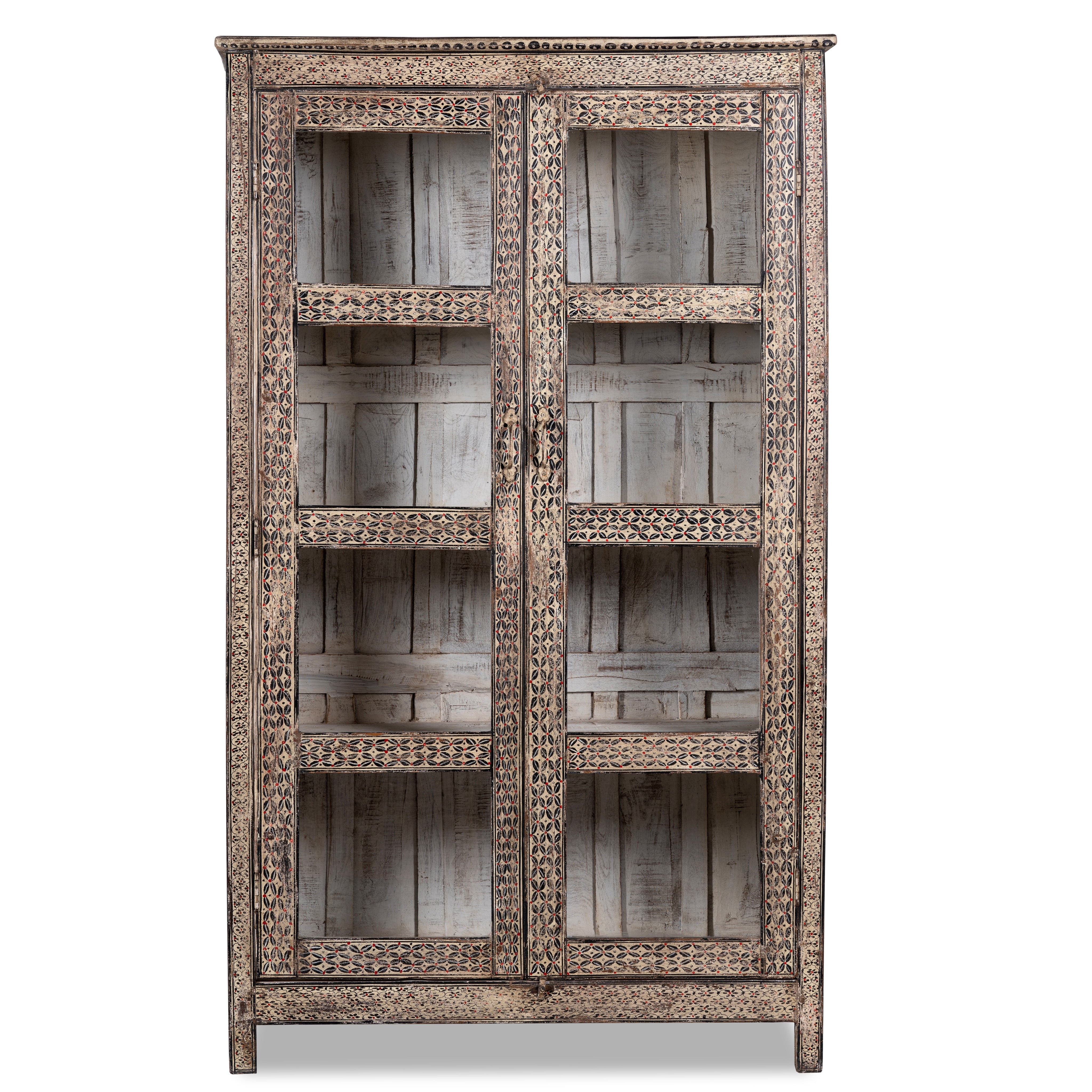 White background image of a handcrafted display cabinet made from reclaimed Teak wood with glass doors and Sanskrit motifs; sustainable and unique wooden furniture, 182 × 93 × 42 cm.