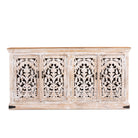 White background image of a hand carved mango wood sideboard with whitewashed finish and intricate Indian patterns; ideal for bedroom furniture or as a hand carved sideboard, 180 × 90 × 40 cm.
