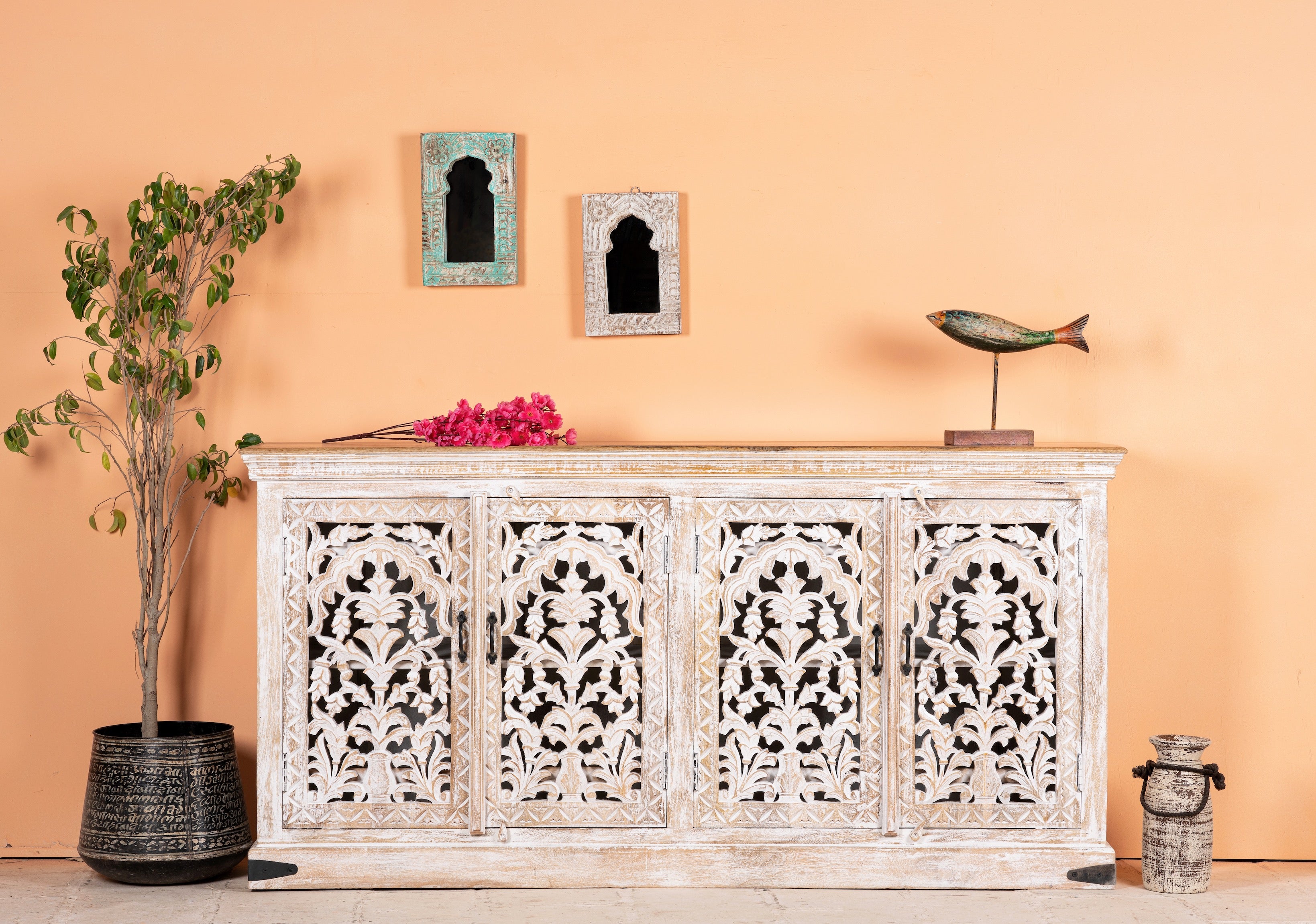 Hand carved mango wood sideboard with whitewashed finish and intricate Indian patterns; ideal for bedroom furniture or as a hand carved sideboard, 180 × 90 × 40 cm.