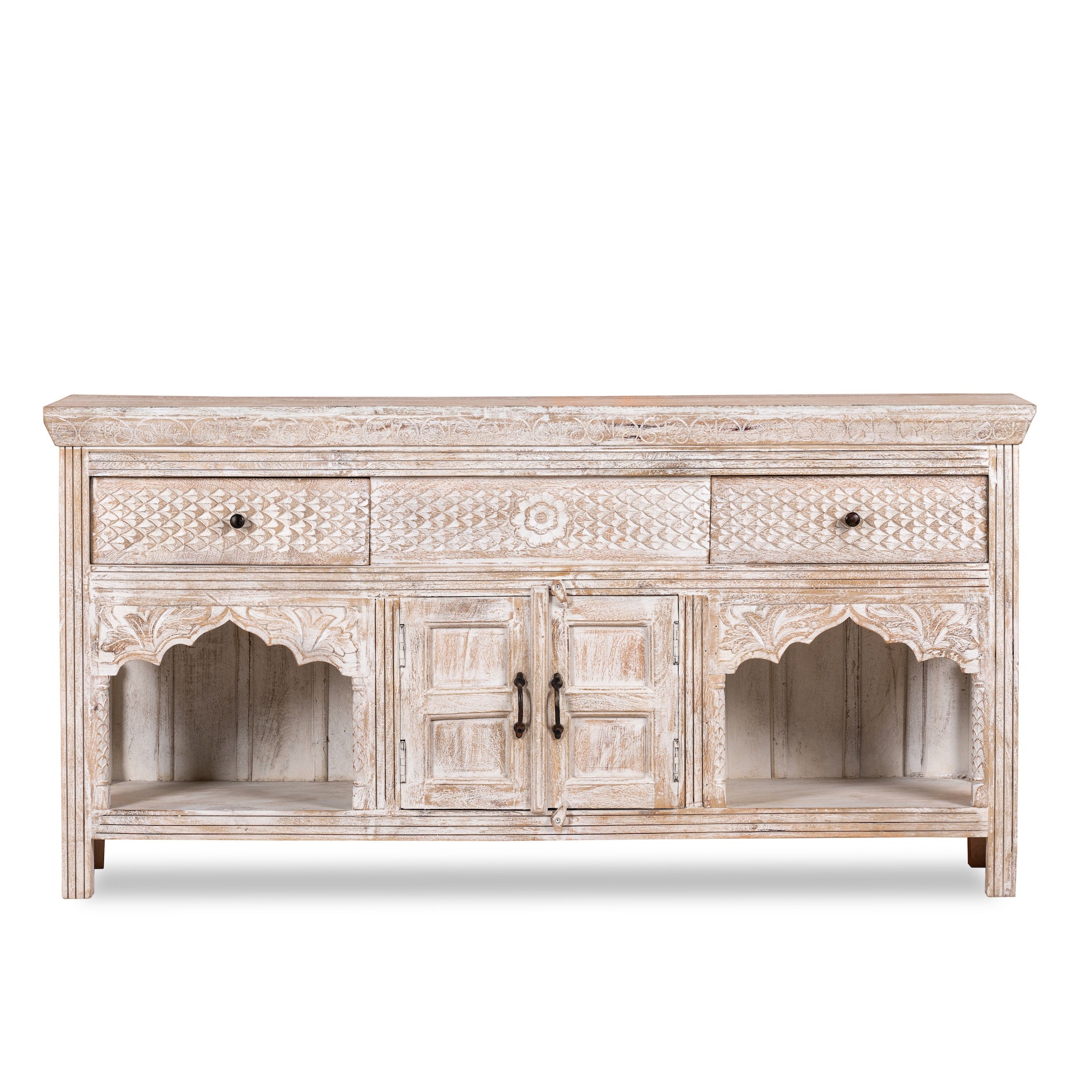 White background image of a hand-carved console table in mango wood with whitewashed finish, perfect for a bohemian interior.