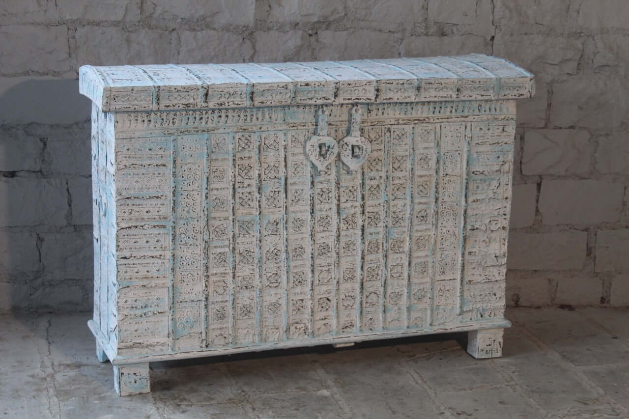 Antique Indian chest in blue with brass fittings – solid teak iron fitted wooden chest ideal for storing blankets, pillows, or decorative use.