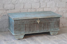Antique Indian chest coffee table in blue with brass fittings – iron fitted wooden chest made from solid teak, ideal for living rooms with storage space.