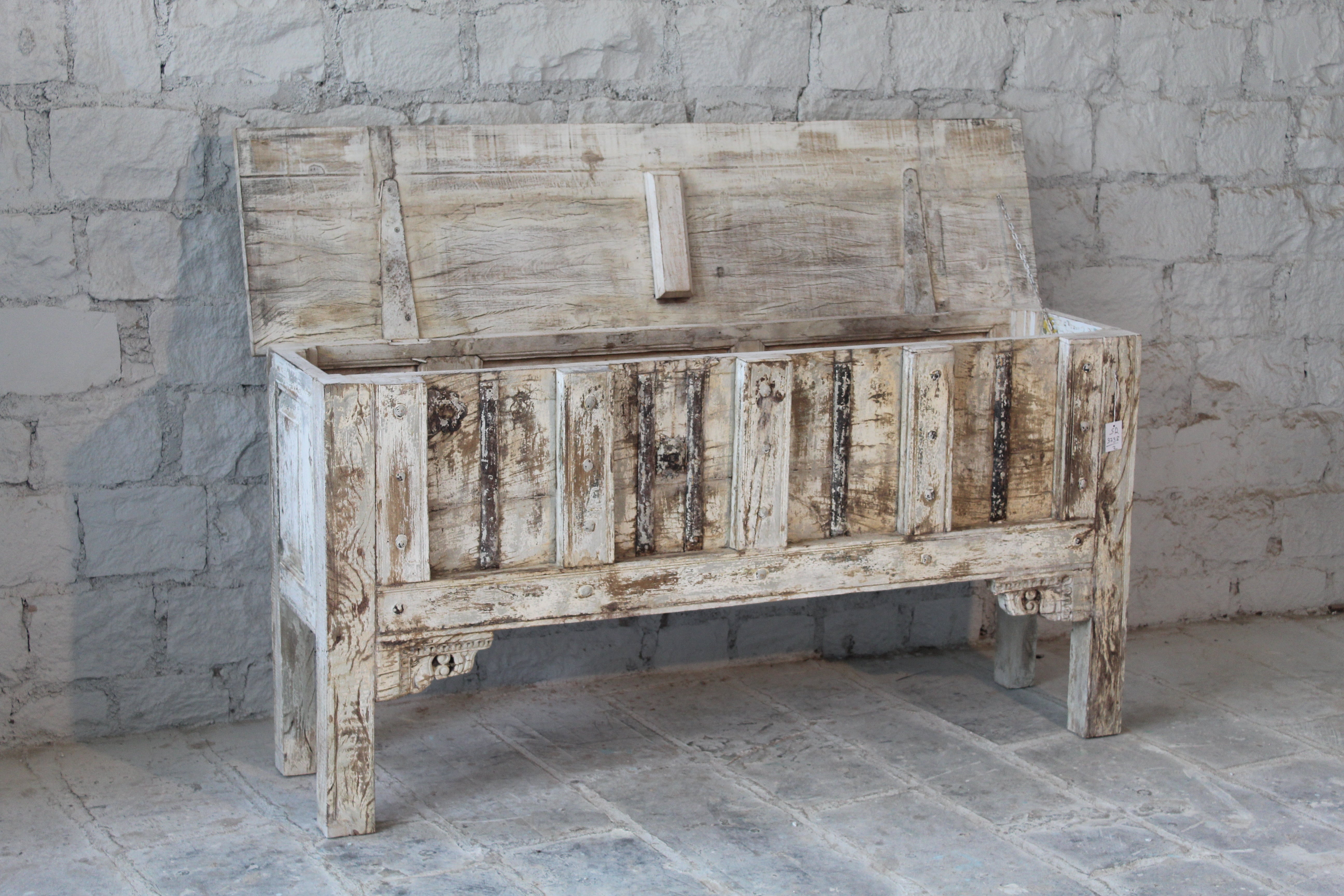 Side angle with open Lid of a vintage teak wood console table with folding front and rustic finish; handcrafted from reclaimed wood, 156 × 42 × 82 cm.
