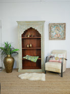 Hand-carved mango wood bookcase with Mediterranean design and open shelving – mango wood shelving and hand carved wooden furniture with natural finish.