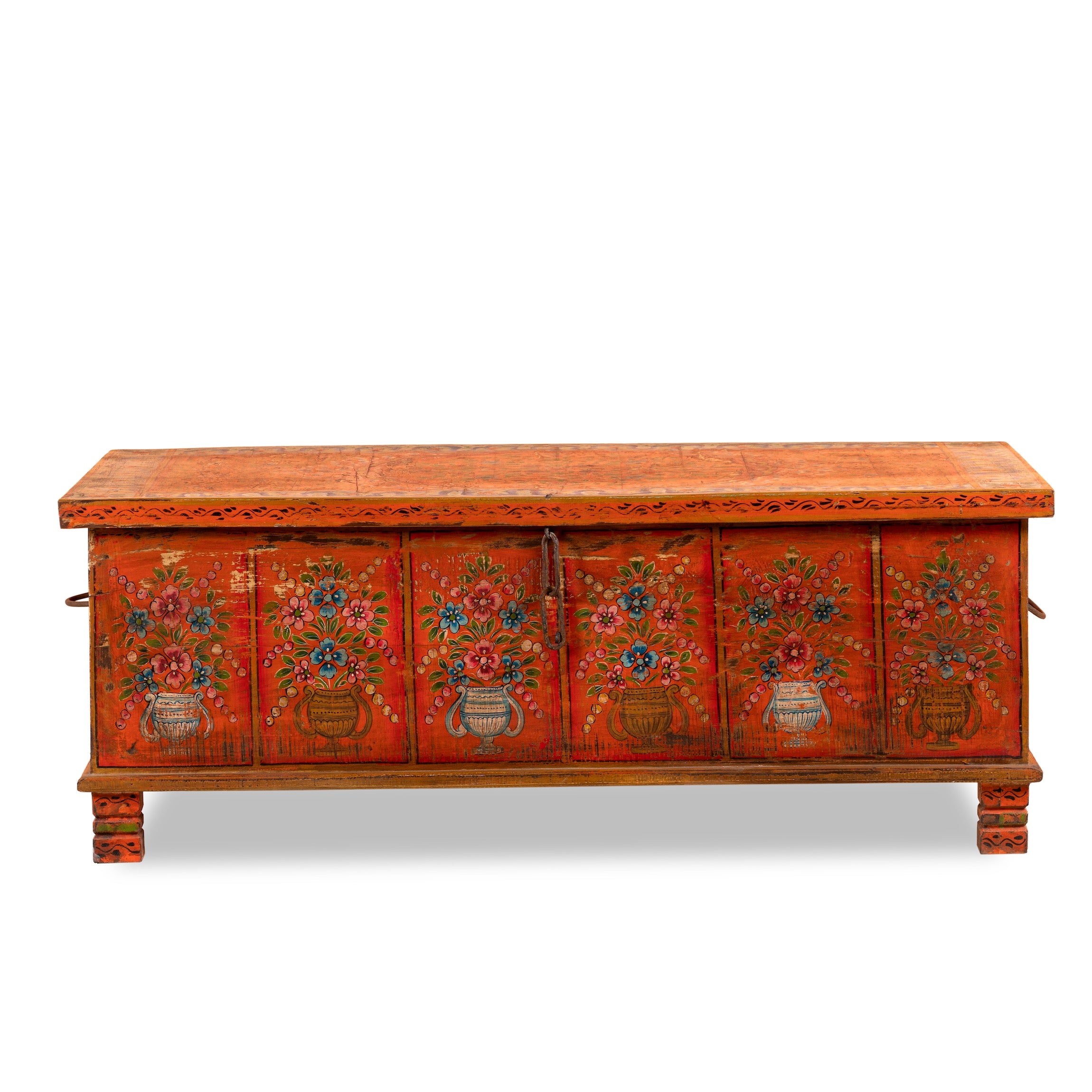 White background image of a hand-painted teak reclaimed wood chest – sustainable handcrafted furniture serving as a coffee table and artistic storage solution.