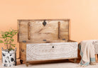Image with open lid of a hand-carved mango wood vintage chest with whitewashed finish and iron fittings – elegant storage for bohemian or rustic interiors.
