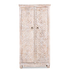 White background image of a hand-carved mango wood wardrobe with whitewashed finish; wooden wardrobe perfect for living room furniture or bedroom storage, 180 × 90 × 40 cm.