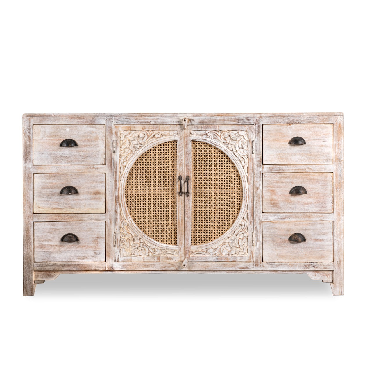 White background image of a white mango wood and rattan sideboard with six drawers and two compartments—handcrafted bedroom furniture blending Indian artistry with Scandinavian design.