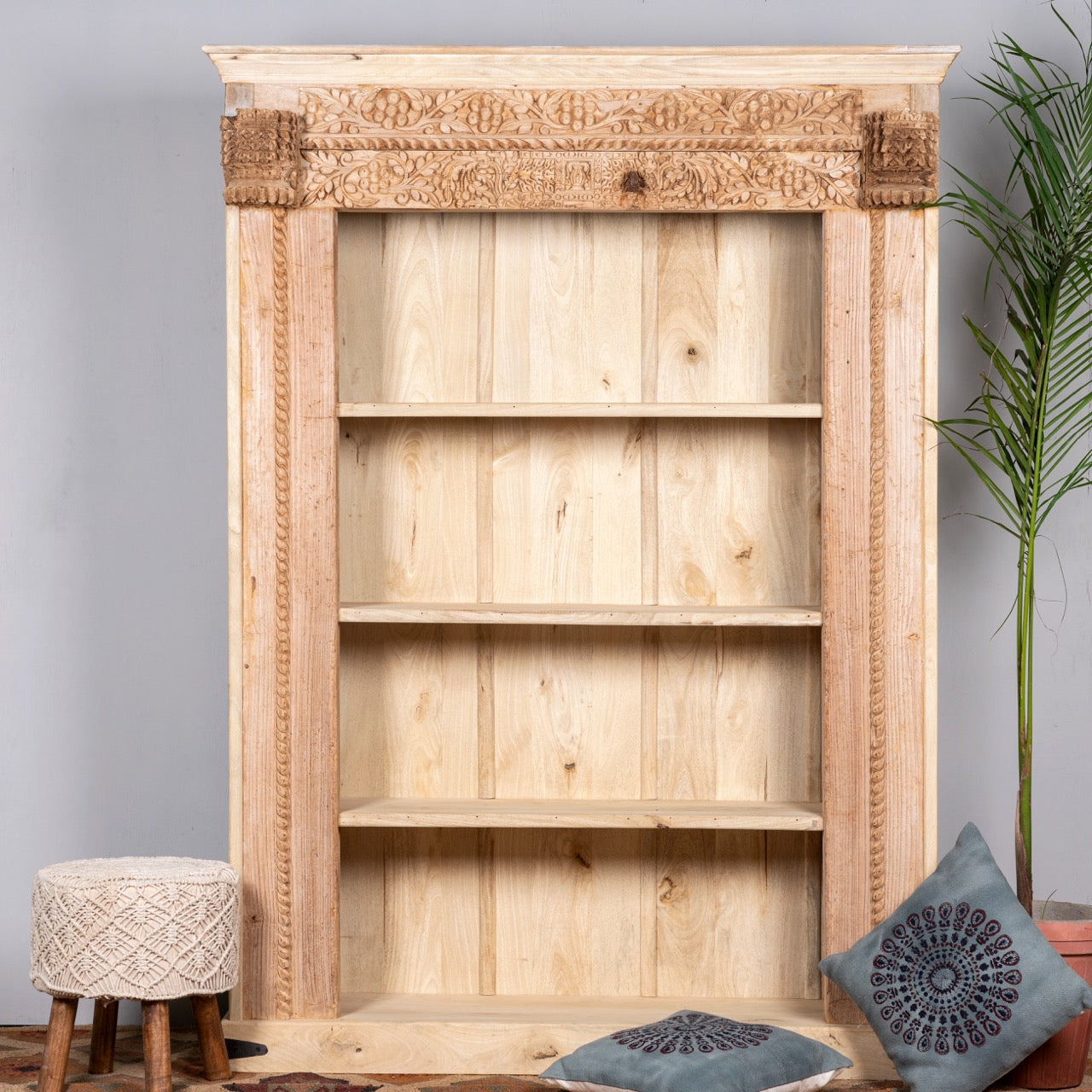 Hand-carved shelf made from reclaimed teak wood and mango wood, unique furniture with Ibiza-inspired finish, 152 × 206 × 51 cm.