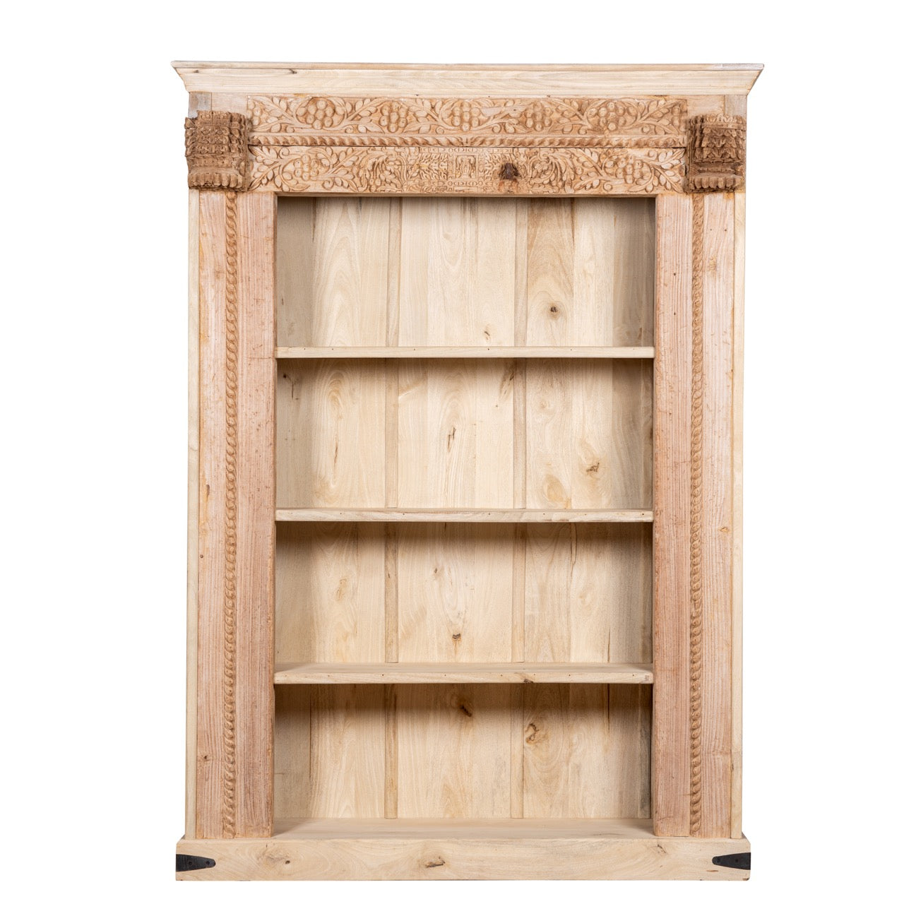 White background image of a hand-carved shelf made from reclaimed teak wood and mango wood, unique furniture with Ibiza-inspired finish, 152 × 206 × 51 cm.