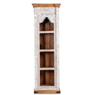 White background image of a hand carved white washed mango wood bookshelf with Mediterranean design – narrow wooden furniture piece with decorative carving and natural charm.