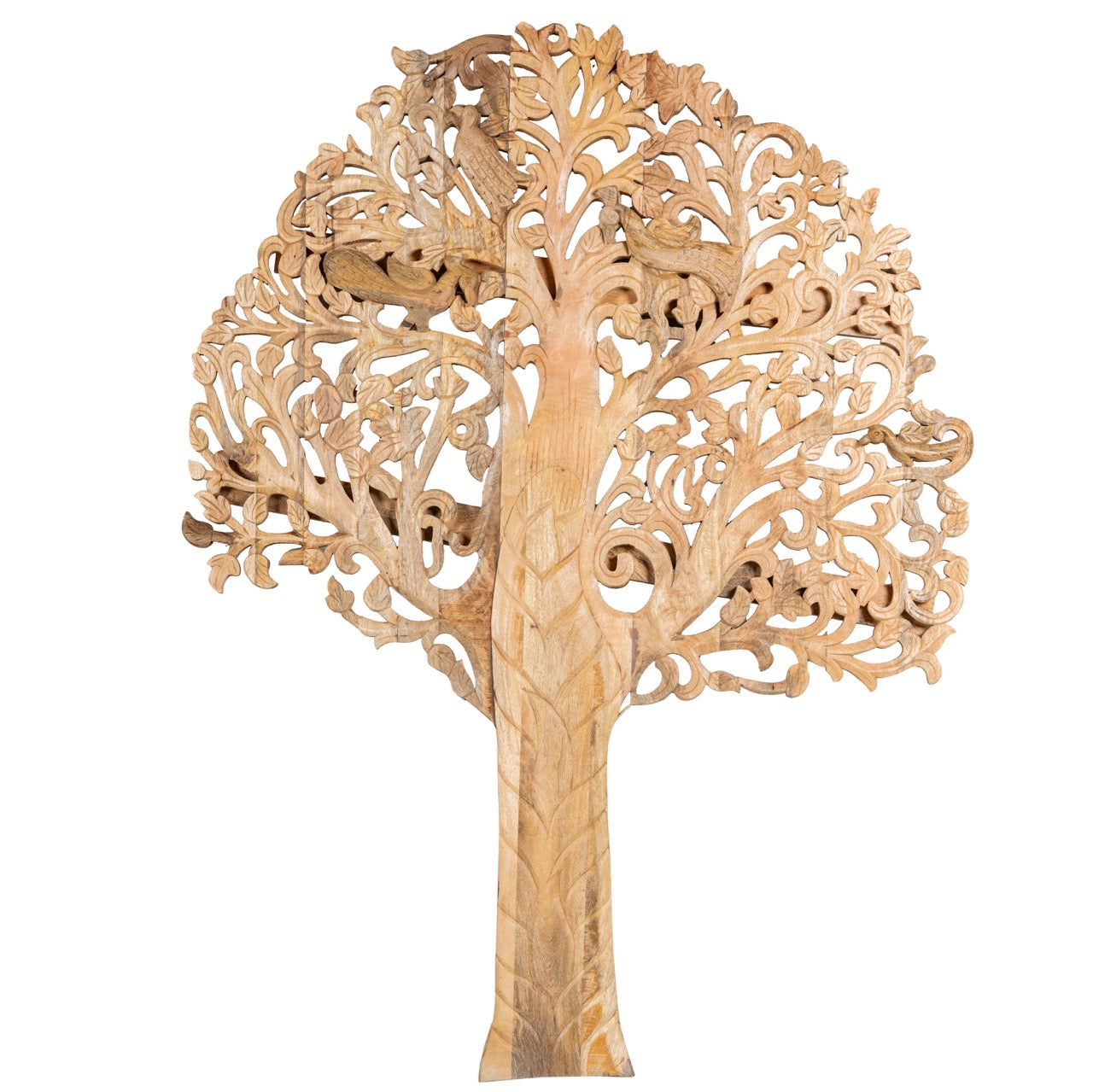 White background image of a hand-carved mango wood wall panel with tree and bird motifs, vintage wall panels for boho chic living room, 180 × 150 × 10 cm.