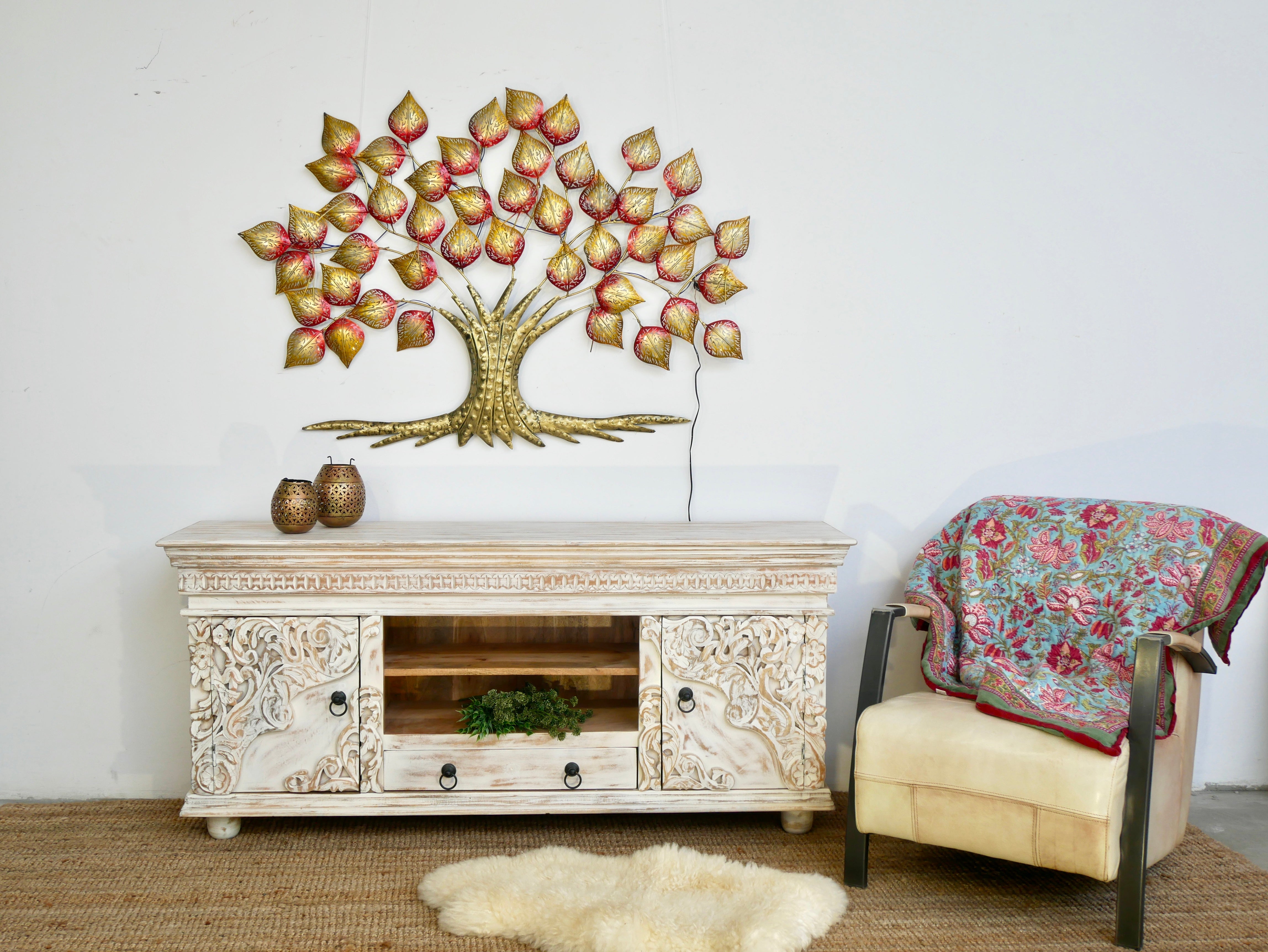 Raichur white, hand-carved wooden sideboard