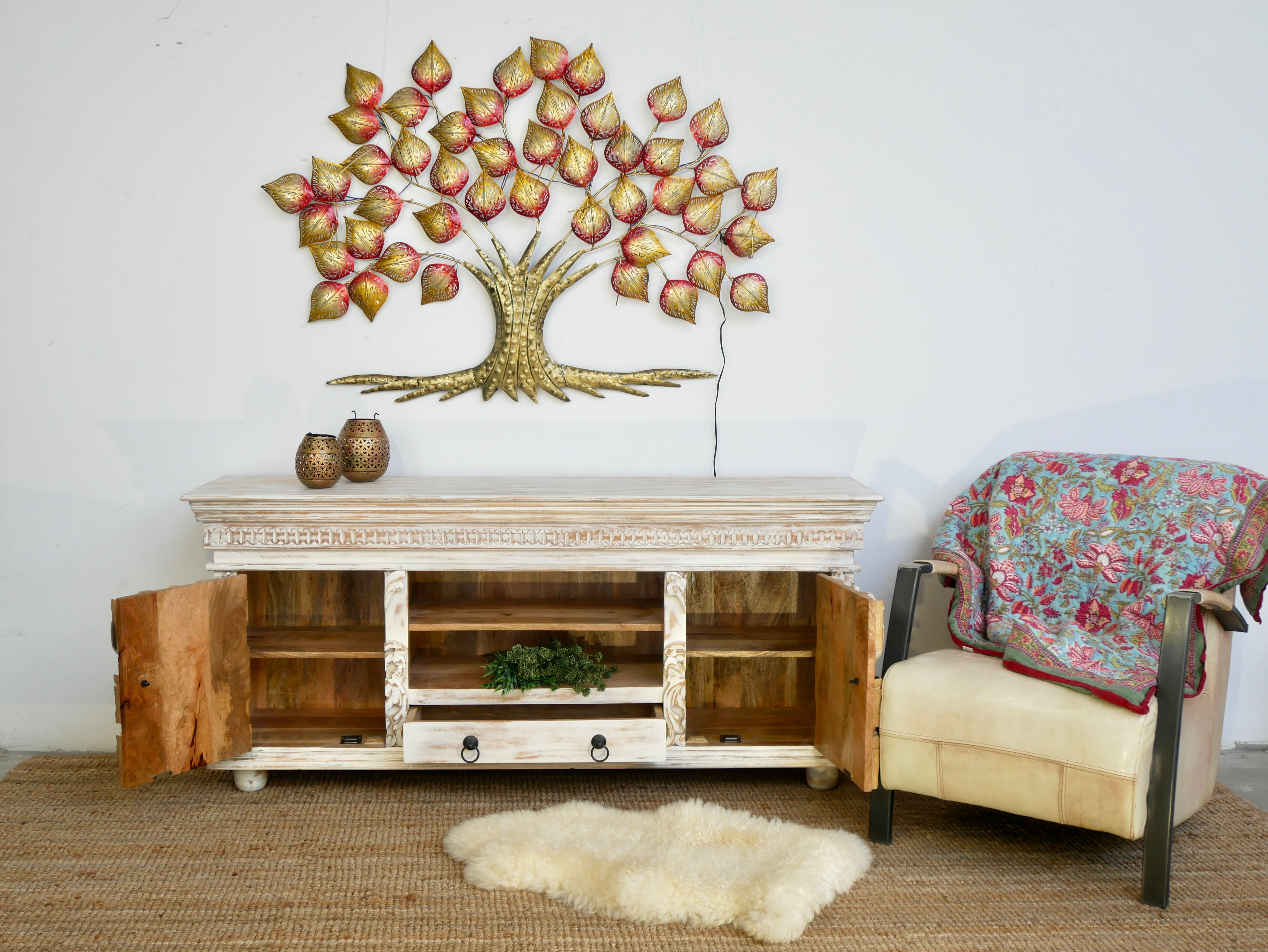 Raichur white, hand-carved wooden sideboard