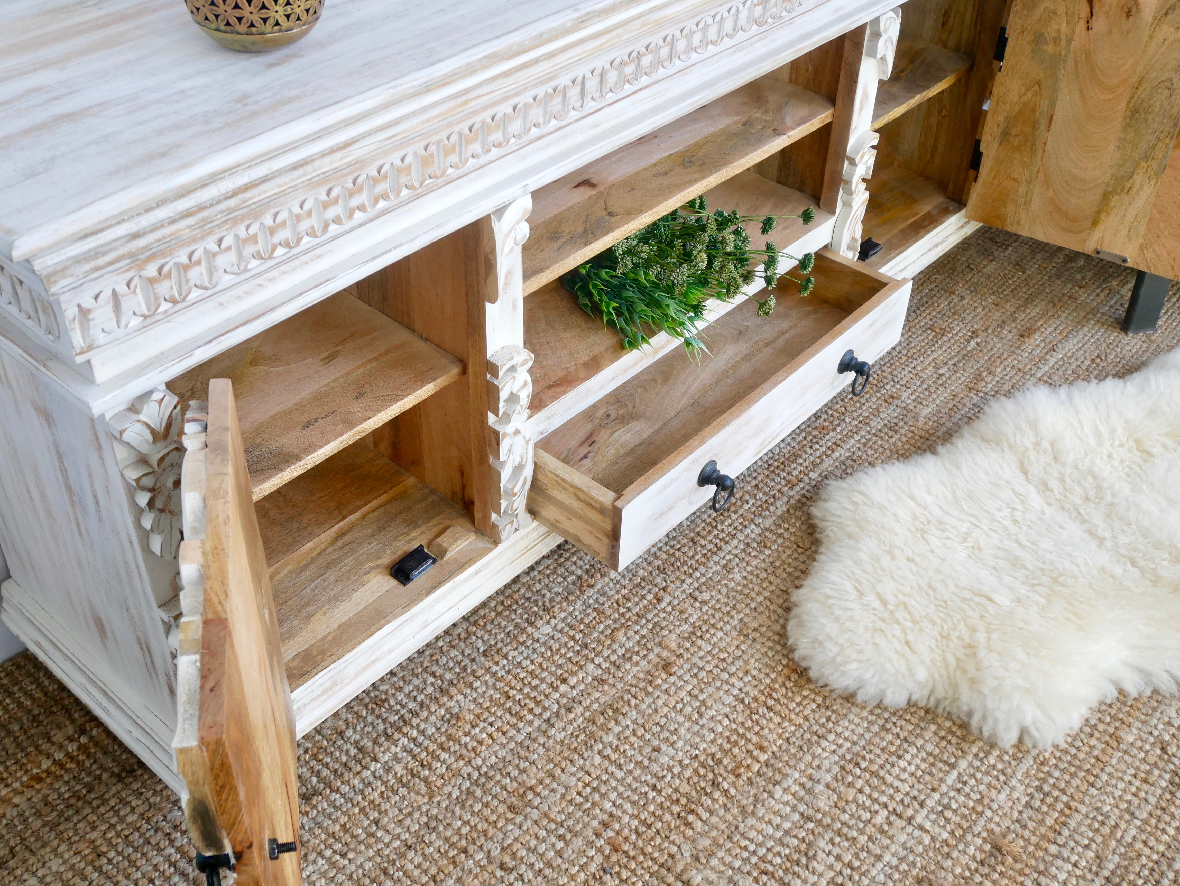 Raichur white, hand-carved wooden sideboard